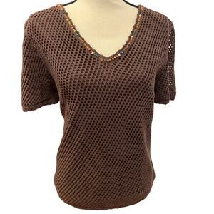 Napa Valley Brown Crochet Crew Neck Short Sleeve Vintage Top w/Beading XL